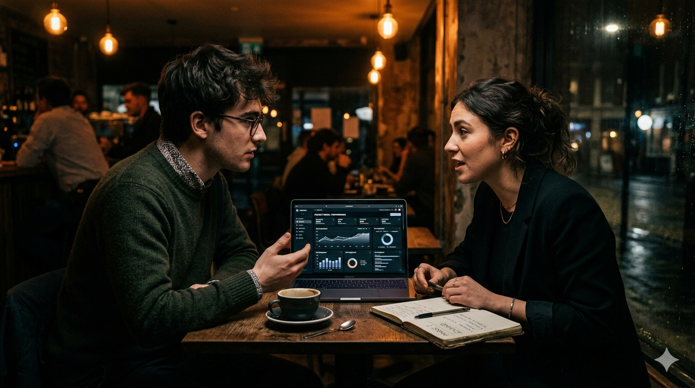 Student and founder coffee conversation